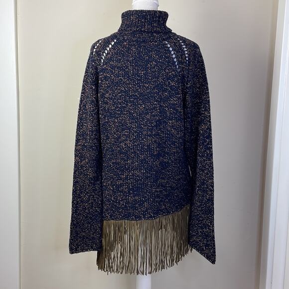 Love Sex Money Brand Navy Taupe Turtleneck Italian Knit Fringe Sweater Size L - Picture 6 of 9